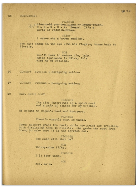 Moe Howard's 30pp. Script Dated February 1947 for The Three Stooges Film ''Sing a Song of Six Pants'' -- With Numerous Annotations in Moe's Hand Throughout -- Very Good Condition